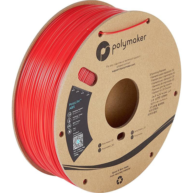 Rolle ABS-Filament von Polymaker in Rot, geeignet für 3D-Drucker. Kartonverpackung mit Recycling-Symbol.
