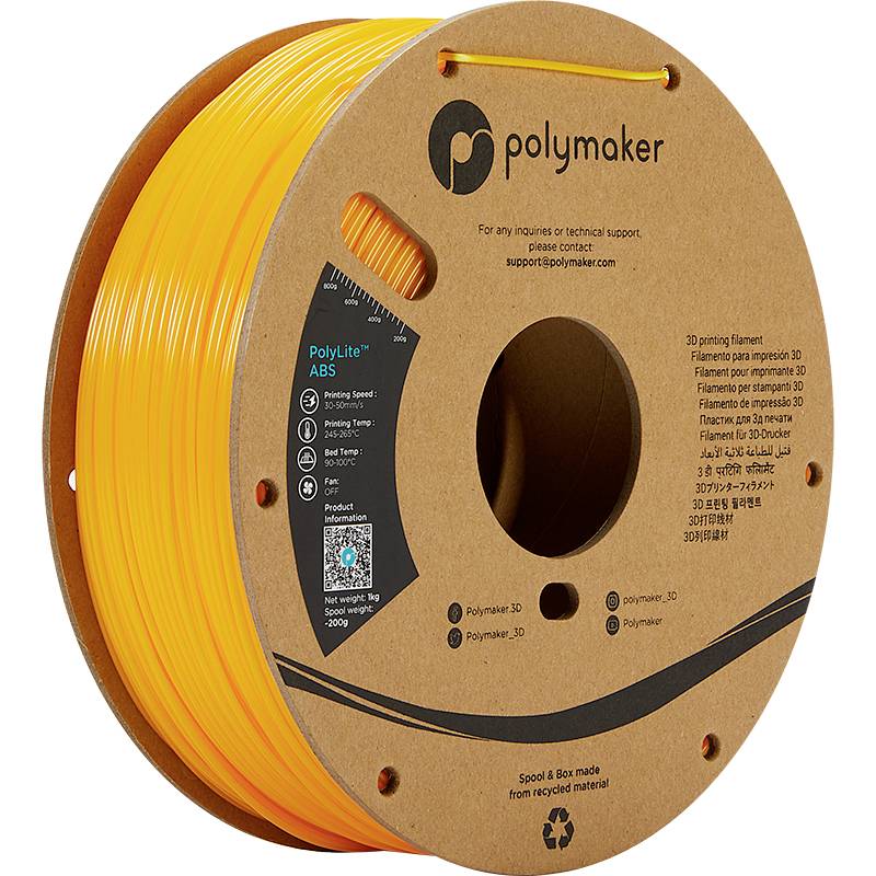 Orange Polymaker 3D-Drucker-Filament in einer Kartonspule, mit Angaben zu Material, Hersteller und recyceltem Verpackungsmaterial.