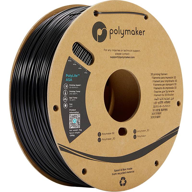 Die Abbildung zeigt eine Spule aus schwarzem 3D-Druck-Filament der Marke Polymaker mit dem Namen 'PolyLite ASA'.