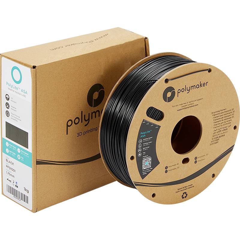 'Polymaker' 3D-Drucker Filament in schwarzem ASA. Auf der Spule steht 'PolyLite ASA', 1 kg, geeignet für 3D-Druckprojekte.