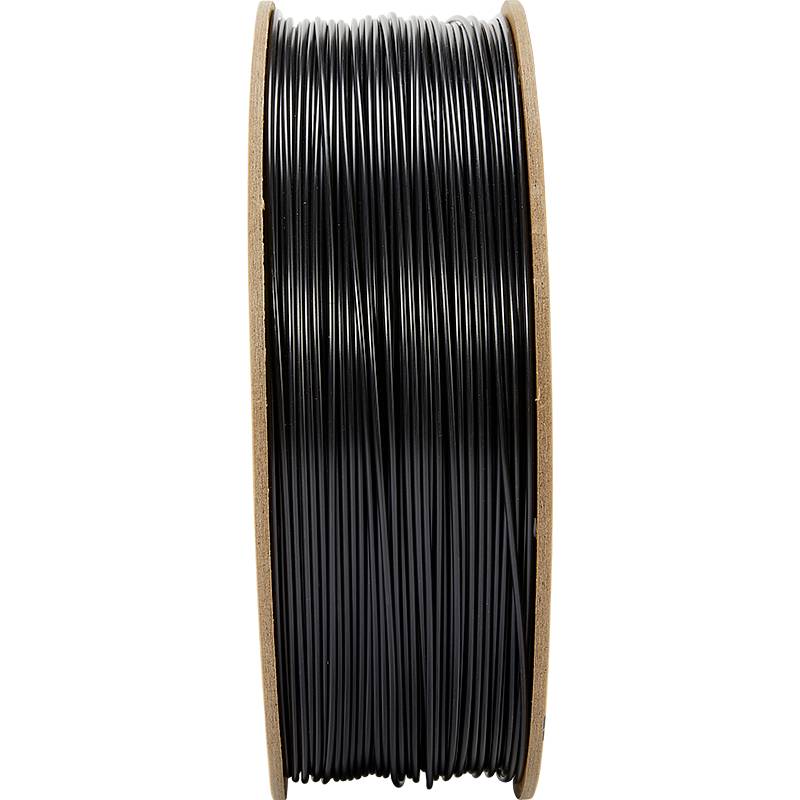 Schwarze Filamentspule aus Kunststoff, vertikal stehend. Ideal für den 3D-Druck, zeigt die gleichmäßige Wicklung des Materials.