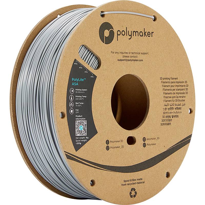 3D-Druckerfilament auf einer Pappspule von Polymaker, mit aus recyceltem Material hergestellt. Enthält Produktinformationen und Markenkontakte.