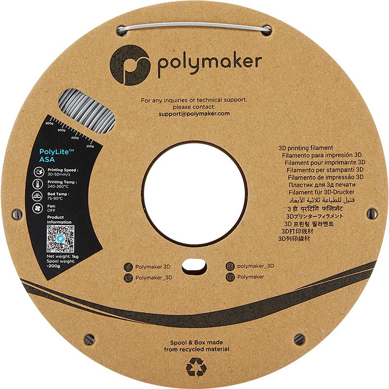 Polymaker PF01003 PolyLite Filament ASA UV-beständig, witterungsbeständig, hitzebeständig 1.75mm 1000g Grau 1St.