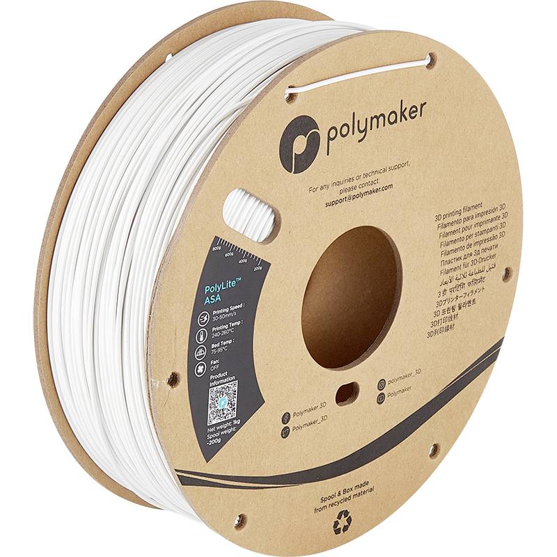 Eine Spule mit weißem 3D-Druckfilament der Marke Polymaker. Kartonschild mit Produktdetails und Logos sichtbar.