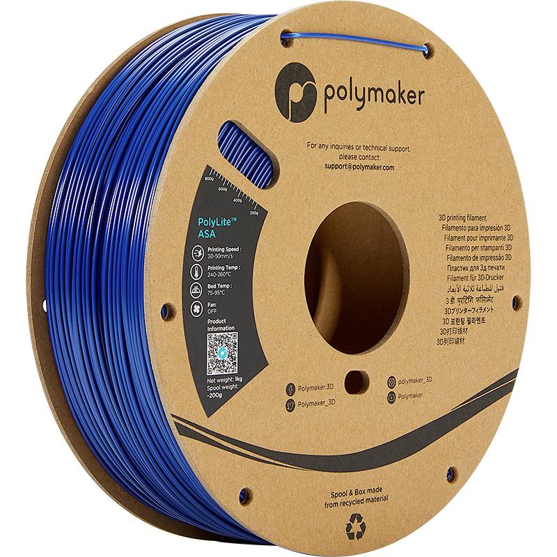 Eine Rolle blaues 3D-Druckerfilament der Marke Polymaker ASA, mit Produktdetails und Kontaktinformationen auf der Verpackung.