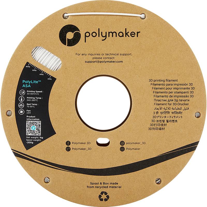 'Polymaker PolyLite ASA' 3D-Druckfilament-Spule mit Spezifikationen und Kontaktinformationen. Außenverpackung aus recyceltem Material.