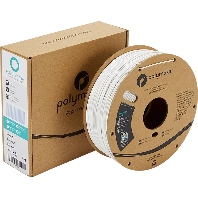 Eine Rolle weißer Polymaker 3D-Druckerfilament neben der Verpackung. Verpackung zeigt das Polymaker-Logo und Produktdetails.