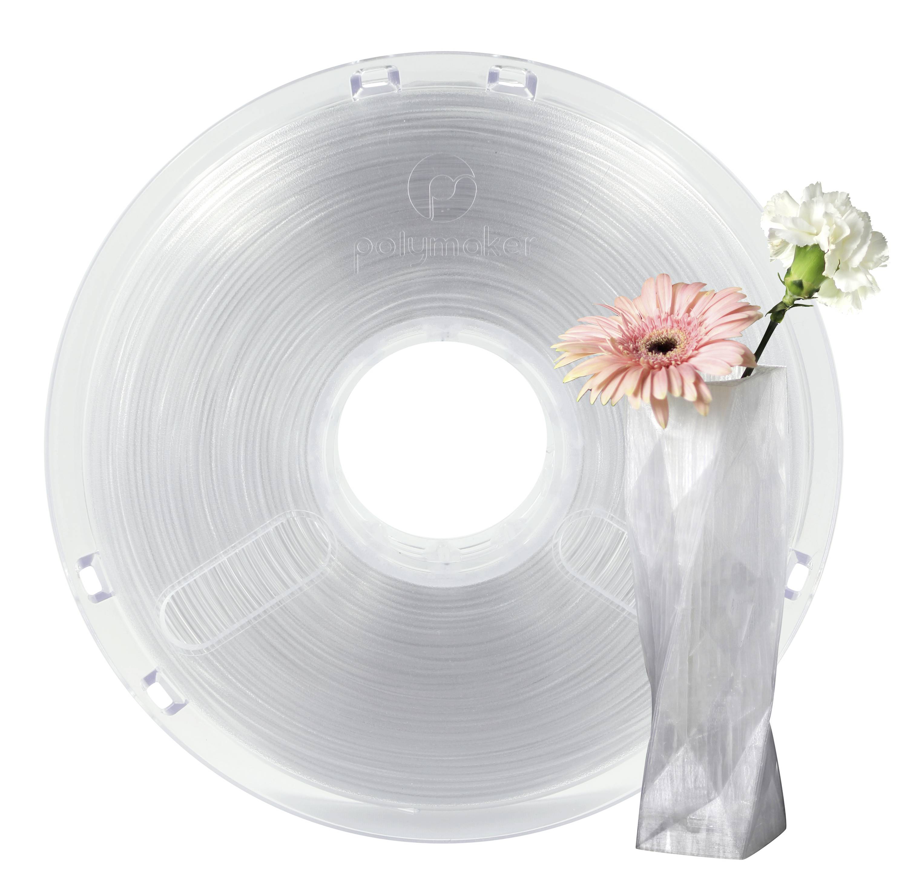 Eine transparente Filamentspule mit einem weißen, modernen Vasenbehälter, der eine rosa und eine weiße Blume hält.