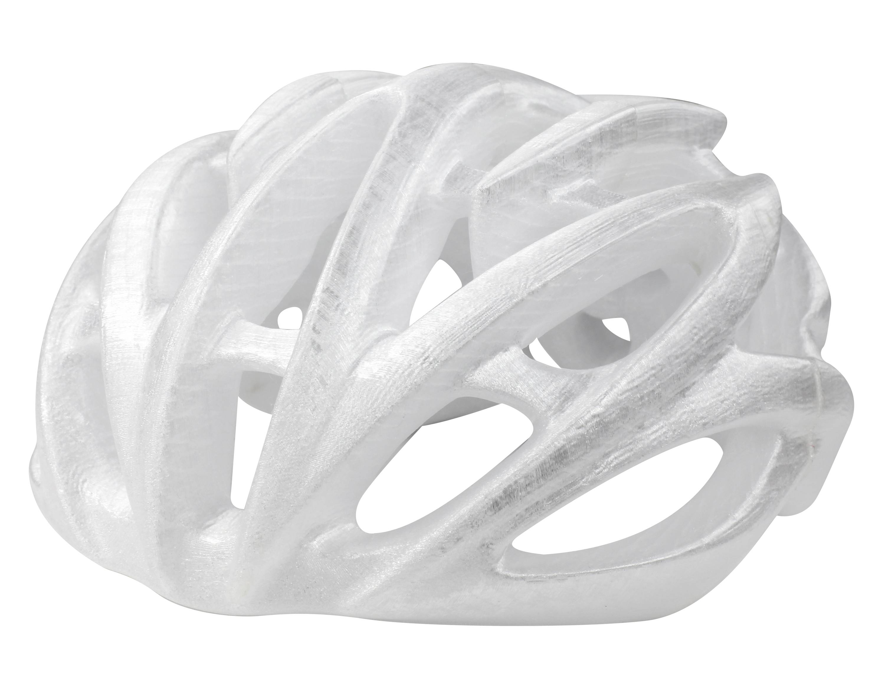 Ein weißer Fahrradhelm mit stromlinienförmigem Design, das Belüftungsöffnungen aufweist. Der Helm bietet Schutz bei Radfahrten.
