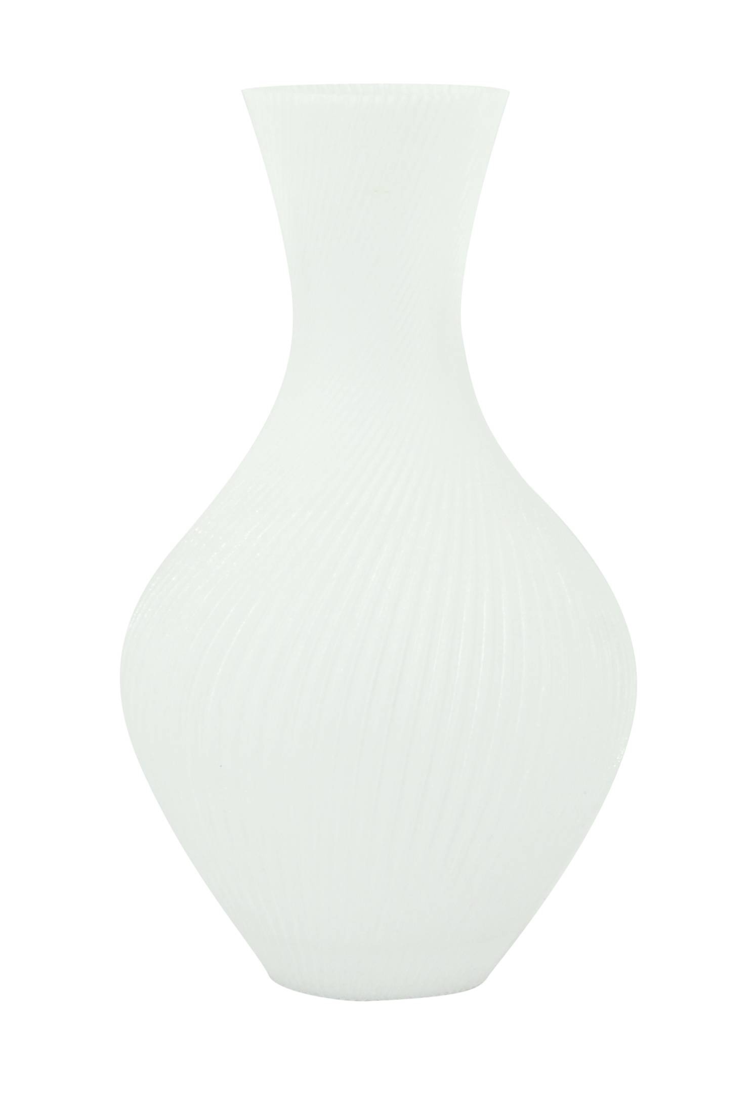 Eine schlanke, weiße Vase mit einem eleganten, bauchigen Design vor einem neutralen Hintergrund.