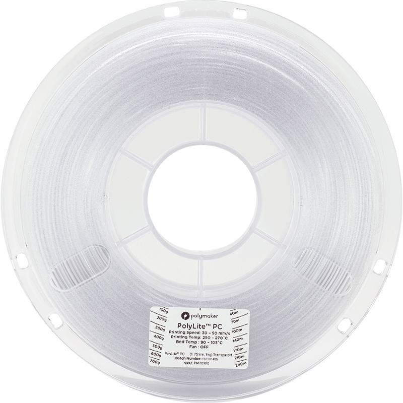 Eine durchsichtige Spule mit 3D-Druckmaterial, Etikett zeigt Druckdetails: 'Polymaker PolyLite PC, Drucktemp. 250-270°C'.