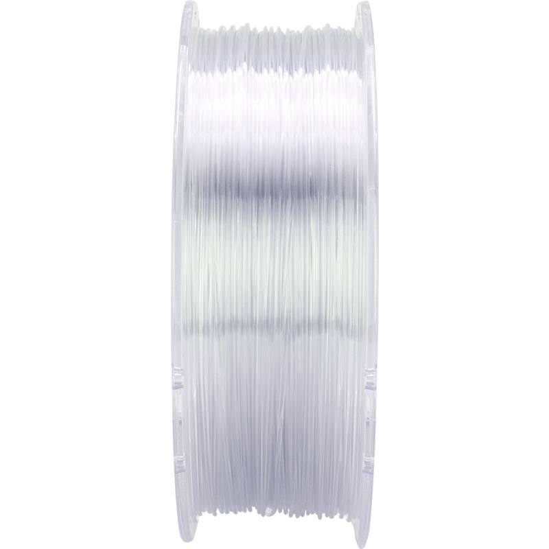 Eine Spule mit transparentem 3D-Druckerfilament, aufrechtstehend, mit klar sichtbaren Schichten des gewickelten Materials.