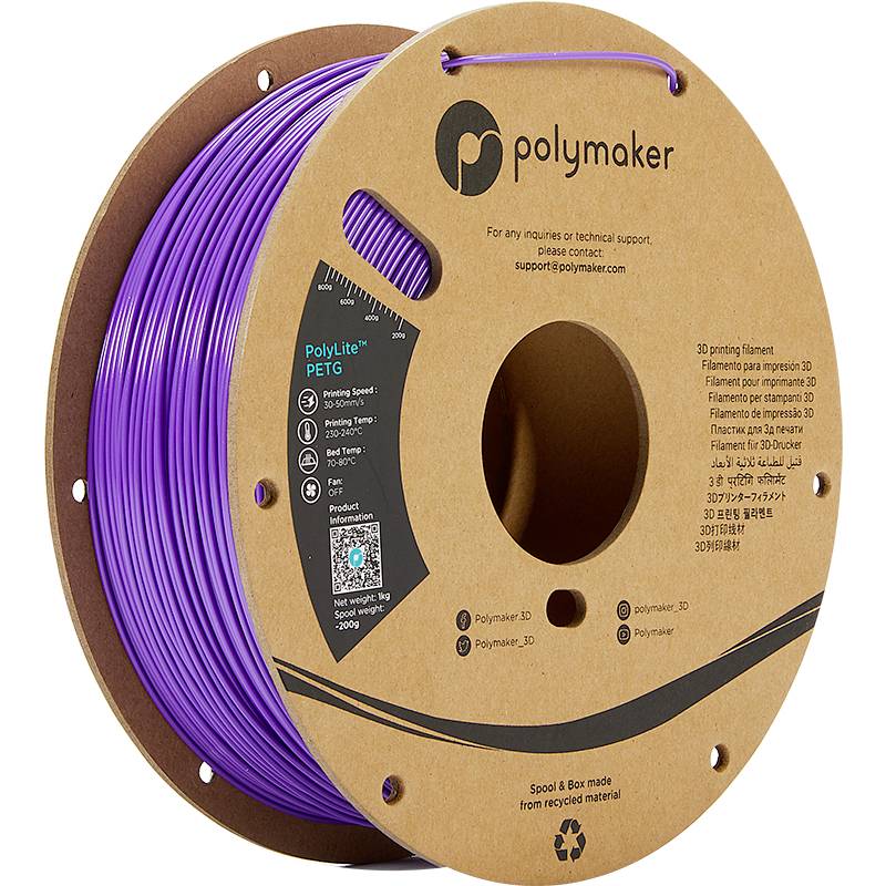 Eine Spule mit lila 3D-Drucker-Filament von Polymaker. Es ist aus recyceltem Material und für 3D-Druck-Technologie geeignet.