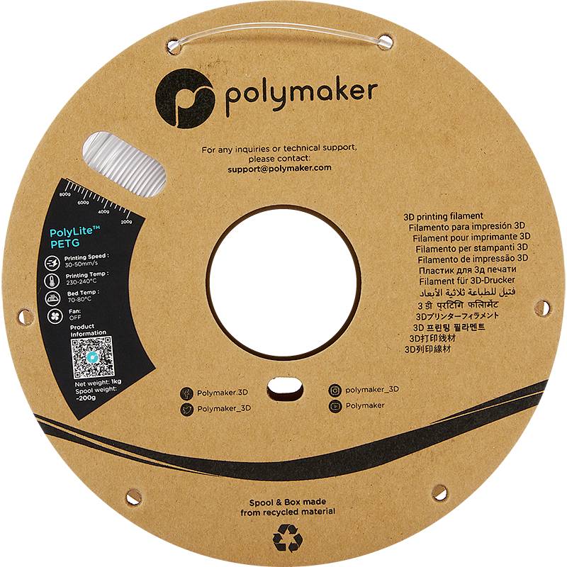Eine Filamentspule von 'Polymaker', beschriftet mit 'PolyLite PETG'. Auf der Spule sind Informationen zum Material und Kontaktangaben sichtbar.