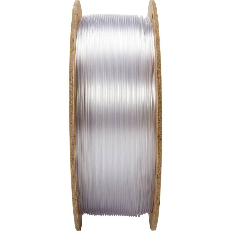 Spule mit durchsichtigem 3D-Drucker-Filament, aufgewickelt auf einer Holzrolle.
