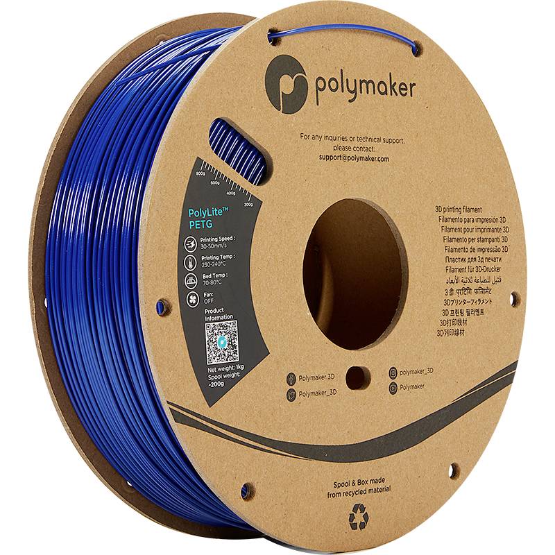Eine Rolle blaues 3D-Drucker-Filament von Polymaker. Die Verpackung zeigt Druckgeschwindigkeit, Drucktemperatur und Kontaktinformationen.