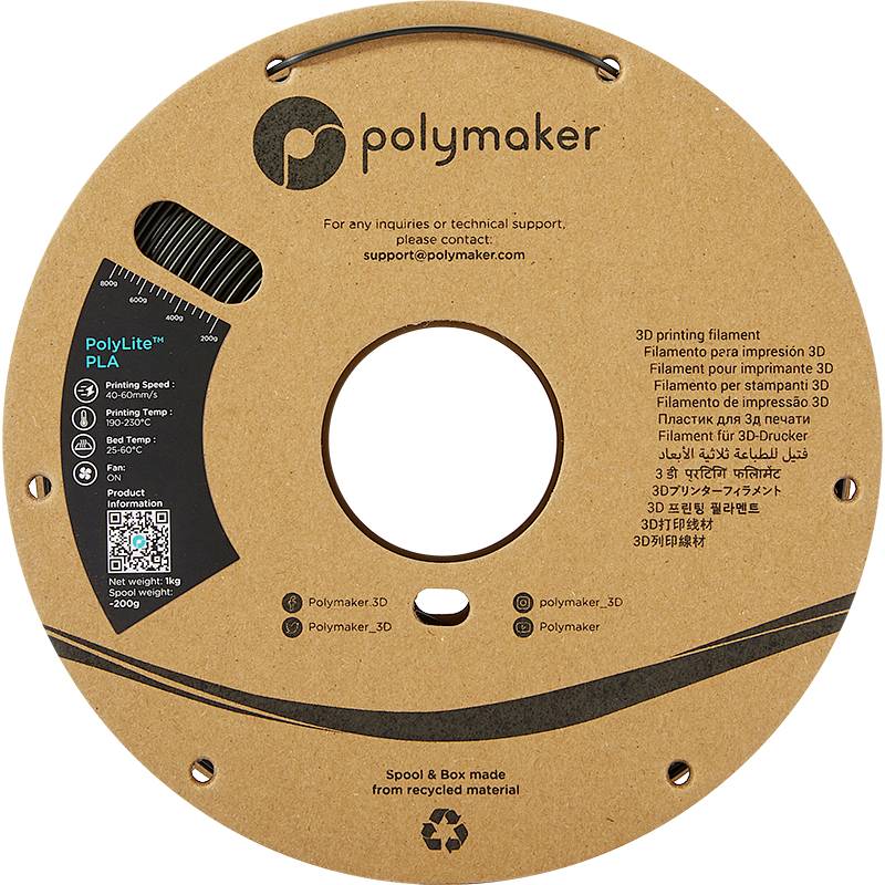 Eine Spule PolyLite PLA von Polymaker. Etikett enthält Informationen zu Materialien, Kontakt-E-Mail und sozialen Medien.