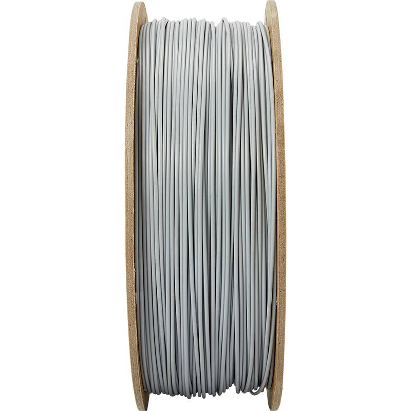 Graue Kunststoffkabel auf einer runden Holzspule, frontal aufgenommen.