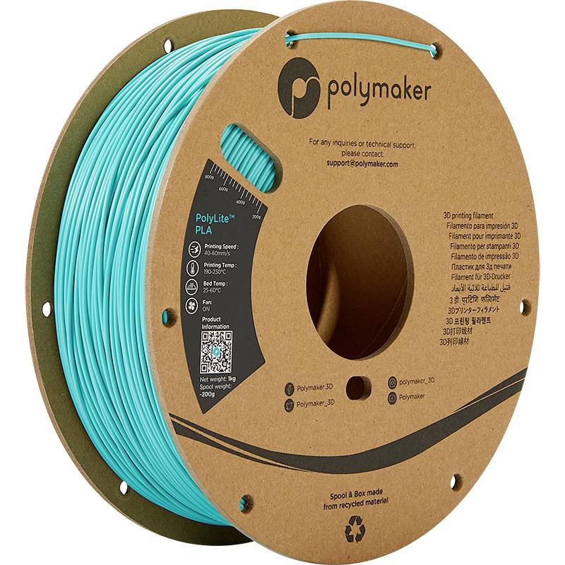 Eine Spule türkisfarbenes PLA-Filament von Polymaker, für 3D-Drucker geeignet. Die Verpackung ist aus recyceltem Material.