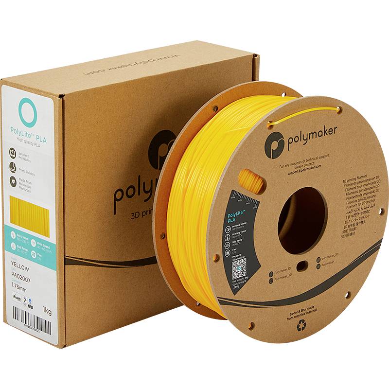 Gelbe PLA-Filamentrolle neben einer passenden Verpackung von Polymaker, geeignet für 3D-Druck, 1,75 mm Durchmesser, 1 kg.