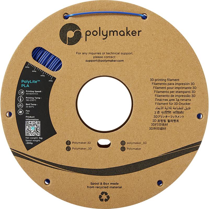 Eine Rolle 3D-Druck-Filament von Polymaker, mit Kontaktinformationen und Produkthinweisen. Material: PLA. Farbe: nicht sichtbar.