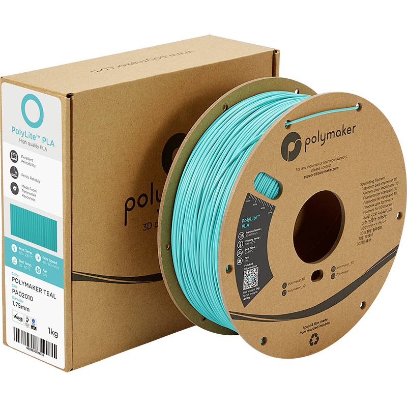 3D-Drucker-Filament-Spule in Türkis vor einer braunen Verpackung. Marke: Polymaker. Geeignet für 3D-Druck-Projekte.
