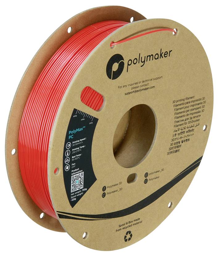 Rolle mit rotem 3D-Drucker-Filament 'PolyMax PC' der Marke Polymaker. Etikett zeigt Spezifikationen und Kontaktinformationen.