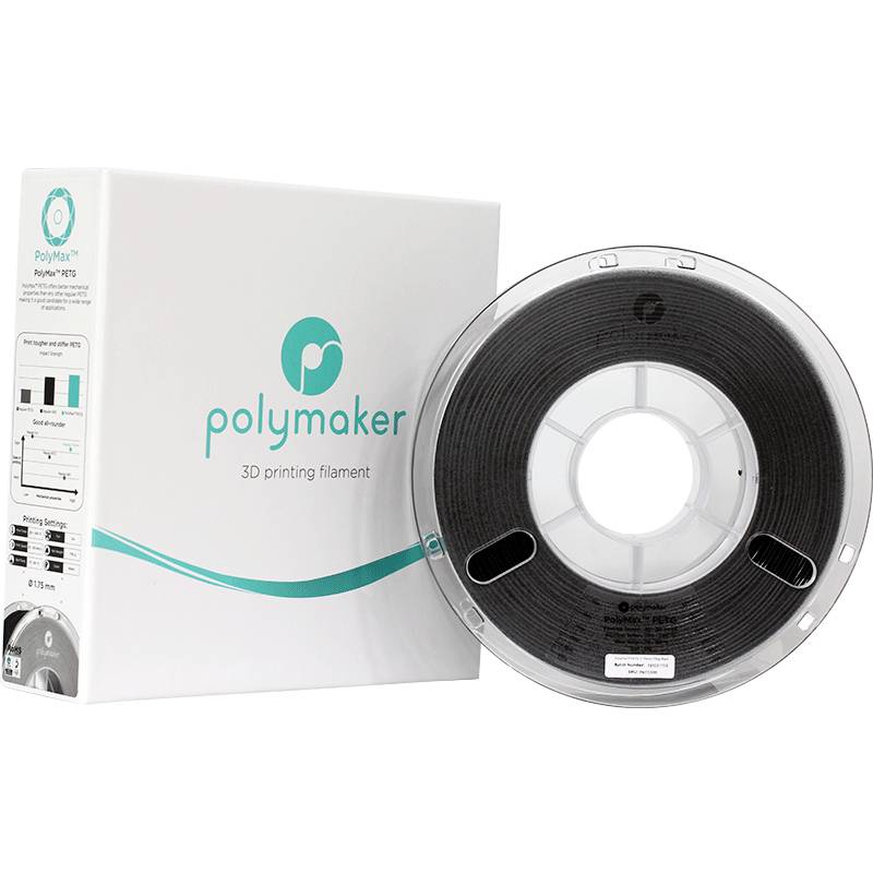 Schachtel und Rolle mit schwarzem 3D-Drucker-Filament der Marke Polymaker.
