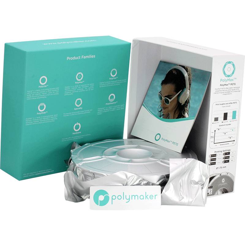 Verpackung und Rolle eines Polymaker PolyMax PETG Filaments. Verpackung zeigt Produktinformationen und Frau mit Kopfhörern am Pool.