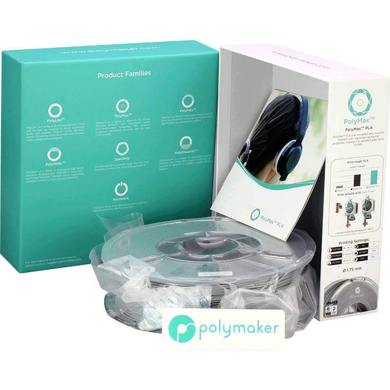 Filamentverpackung von Polymaker mit Produktbild und technischen Details auf der Box. Beinhaltet Informationen zur PLA-Eignung.