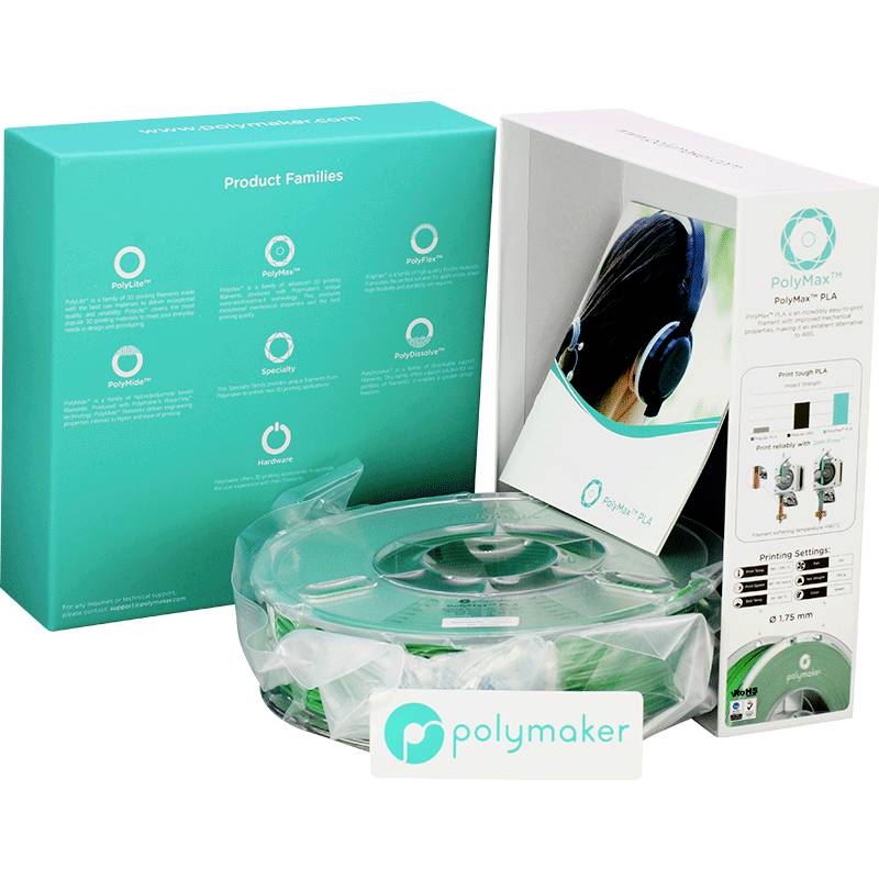 Verpackung von Polymaker PolyMax 3D-Druck-Filament, mit Logo und Produktbeschreibungen auf der Schachtel.