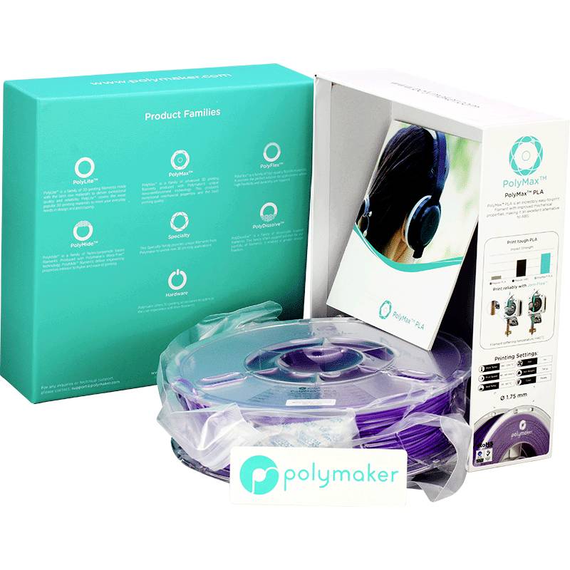 Verpackung eines Polymaker 3D-Drucker-Filaments in Lila. Zeigt Markenname, Produktfamilien-Symbole und Beispielanwendungen.