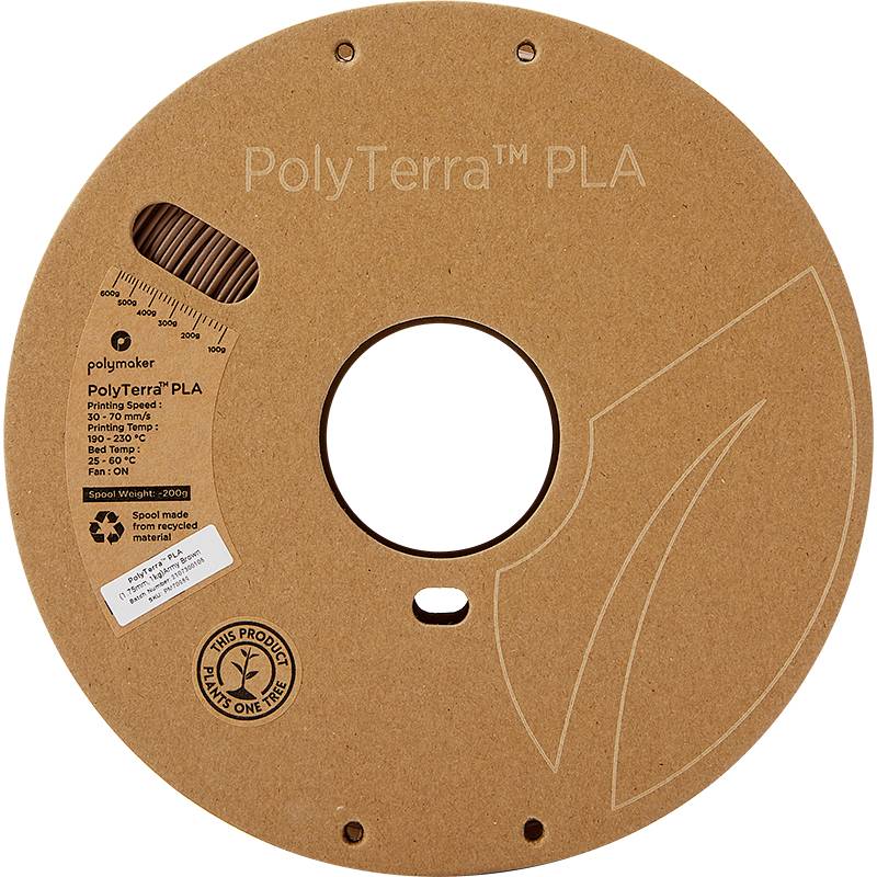 'PolyTerra PLA' Filamentspule aus nachhaltigem Material mit Recycling-Logo. Zeigt Fadenprobe und Aufdruck 'This Product Plants One Tree'.