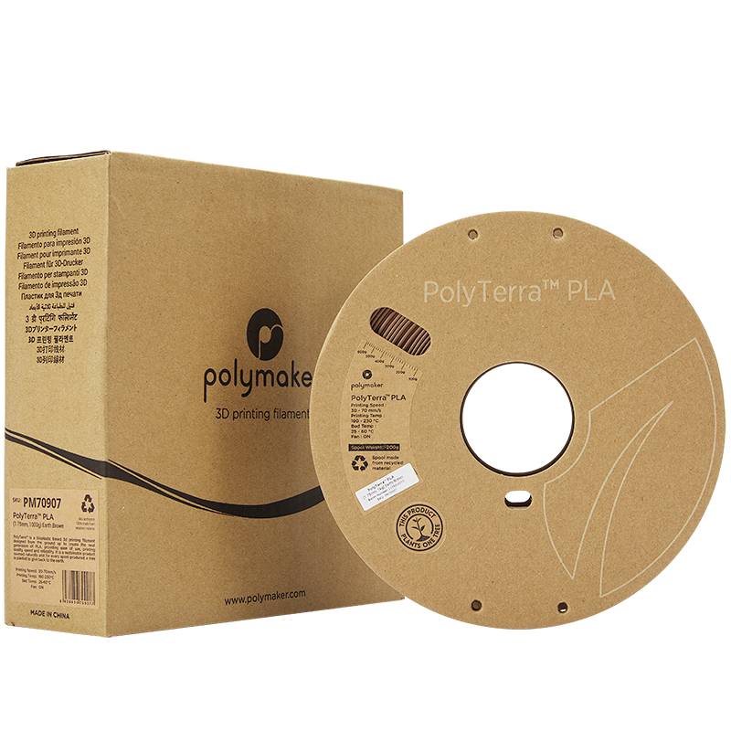 3D-Drucker-Filamentverpackung von Polymaker mit einer Spule PolyTerra PLA. Umweltfreundlich, biologisch abbaubar und recycelbar.