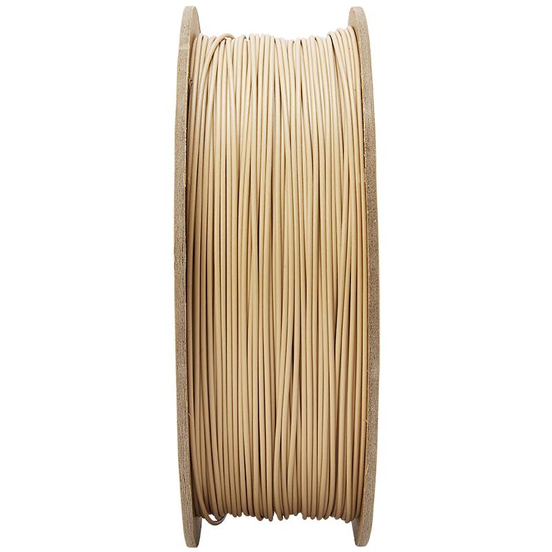 Eine Spule mit beigem Filament für 3D-Drucker, seitlich abgebildet, zeigt die straff gewickelten Fäden.