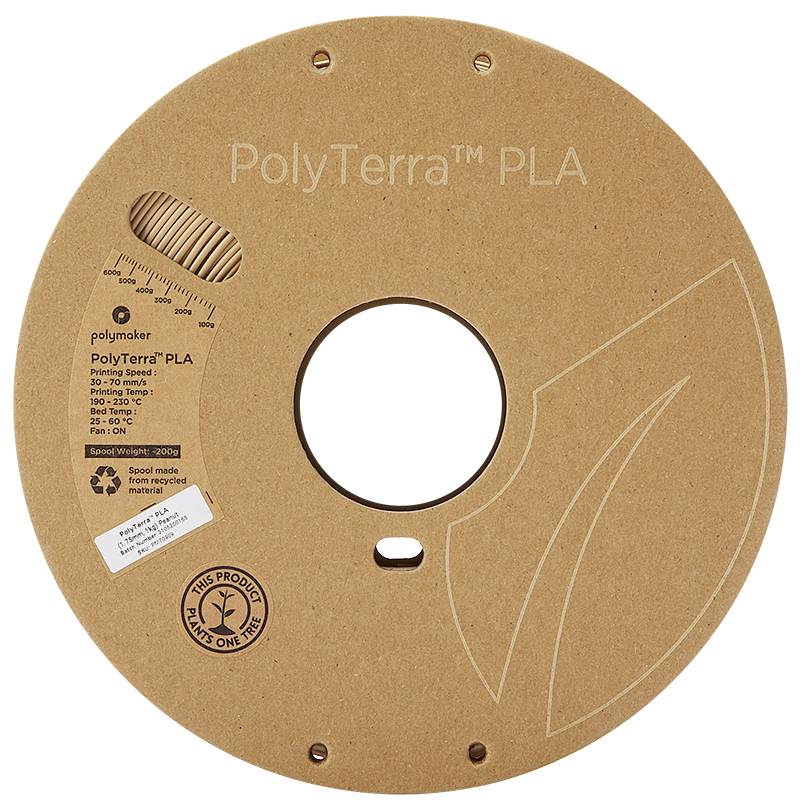 Runde Spule aus recyceltem Material, aufgedruckt 'PolyTerra PLA', Maßskala, Hinweis 'Dieses Produkt pflanzt einen Baum'.