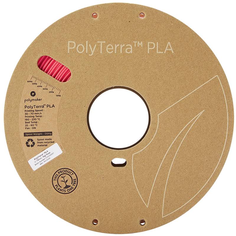 Eine Spule PolyTerra PLA-Filament, rot, von Polymaker, mit nachhaltiger Verpackung und Pflanzenbaumversprechen.