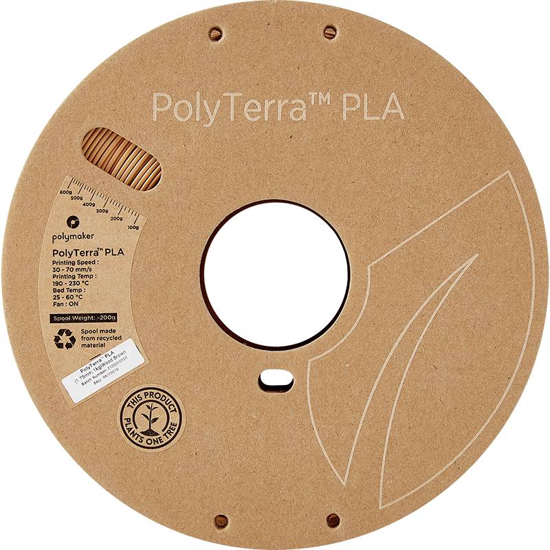 Eine Spule PolyTerra PLA-Filament mit ökologischem Aufdruck und Informationen zur Druckgeschwindigkeit und Temperatur.