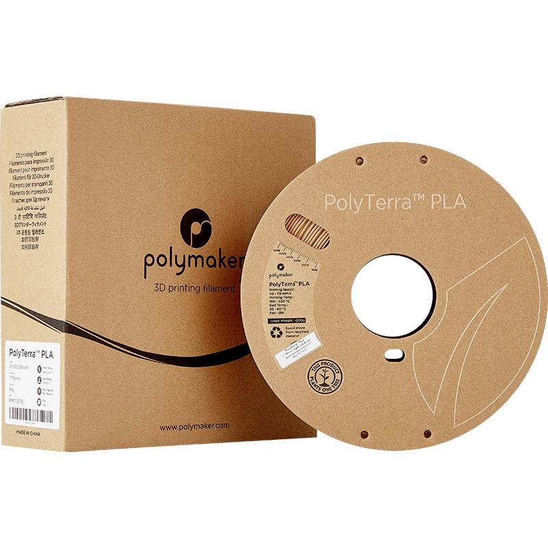 Eine Spule PolyTerra PLA-Filament der Marke Polymaker, neben der passenden Verpackung. Zum Einsatz für 3D-Druck-Projekte geeignet.