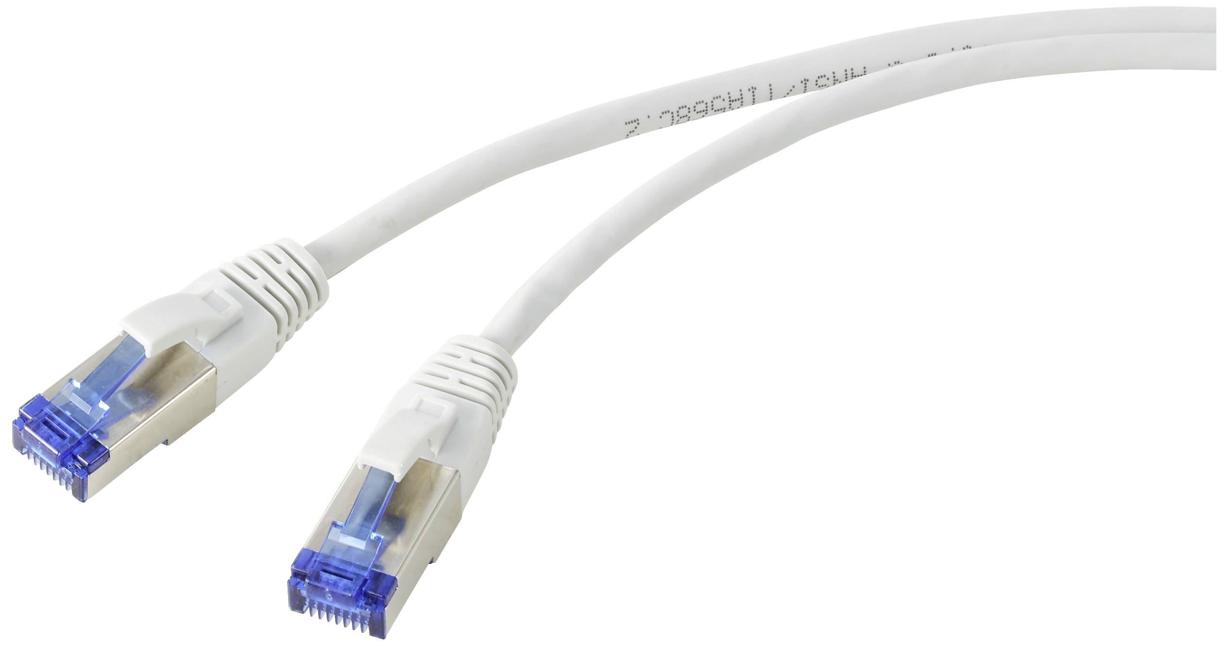 Zwei weiße Ethernet-Kabel mit blauen Steckern.