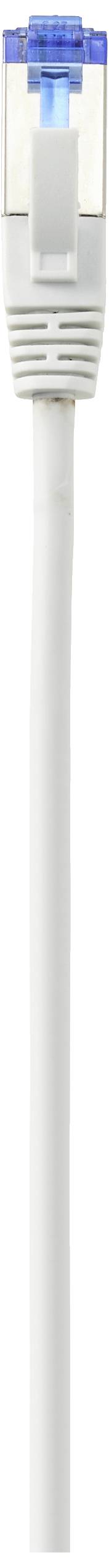 Ein weißes Ethernet-Netzwerkkabel mit blauer Plastikabdeckung am Stecker, verwendet für die Verbindung mit Computernetzwerken.
