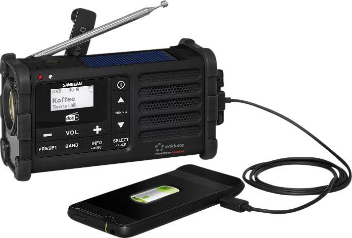 Renkforce RF-DAB-MMR88 Outdoorradio DAB+, UKW Notfallradio, USB Handkurbel, Solarpanel, wiederaufladbar, Taschenlampe Schwarz