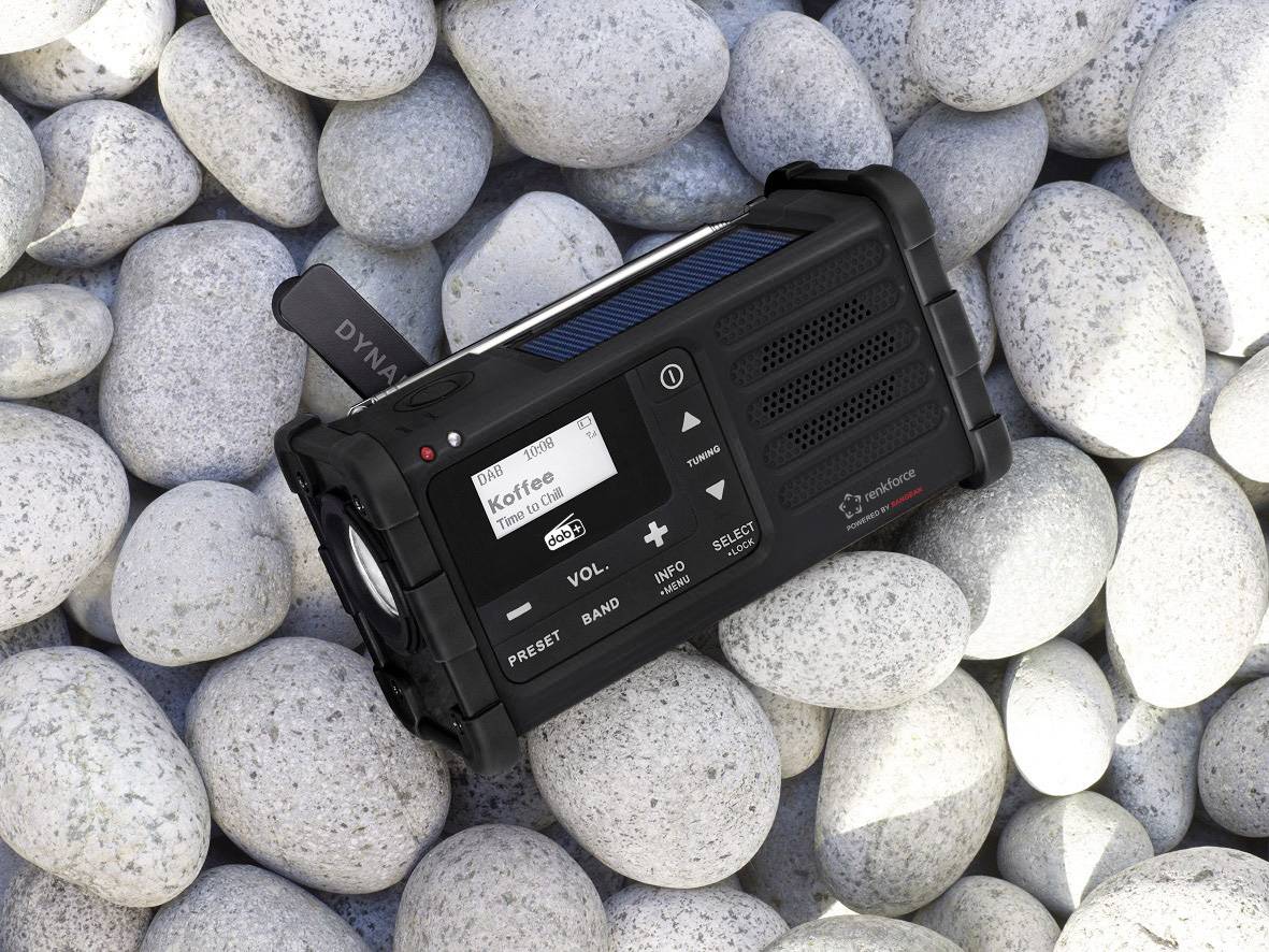 Renkforce RF-DAB-MMR88 Outdoorradio DAB+, UKW Notfallradio, USB Handkurbel, Solarpanel, wiederaufladbar, Taschenlampe Schwarz