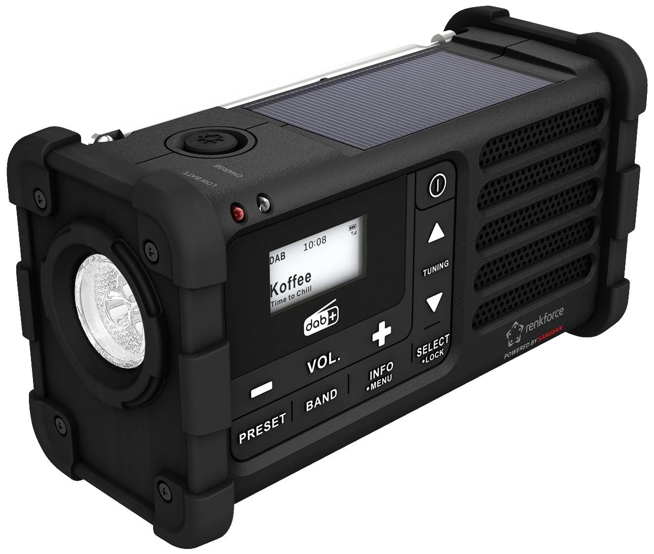 Renkforce RF-DAB-MMR88 Outdoorradio DAB+, UKW Notfallradio, USB Handkurbel, Solarpanel, wiederaufladbar, Taschenlampe Schwarz