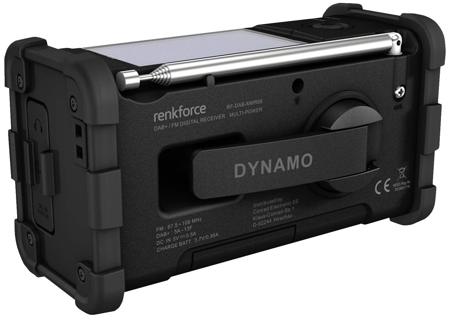 Renkforce RF-DAB-MMR88 Outdoorradio DAB+, UKW Notfallradio, USB Handkurbel, Solarpanel, wiederaufladbar, Taschenlampe Schwarz