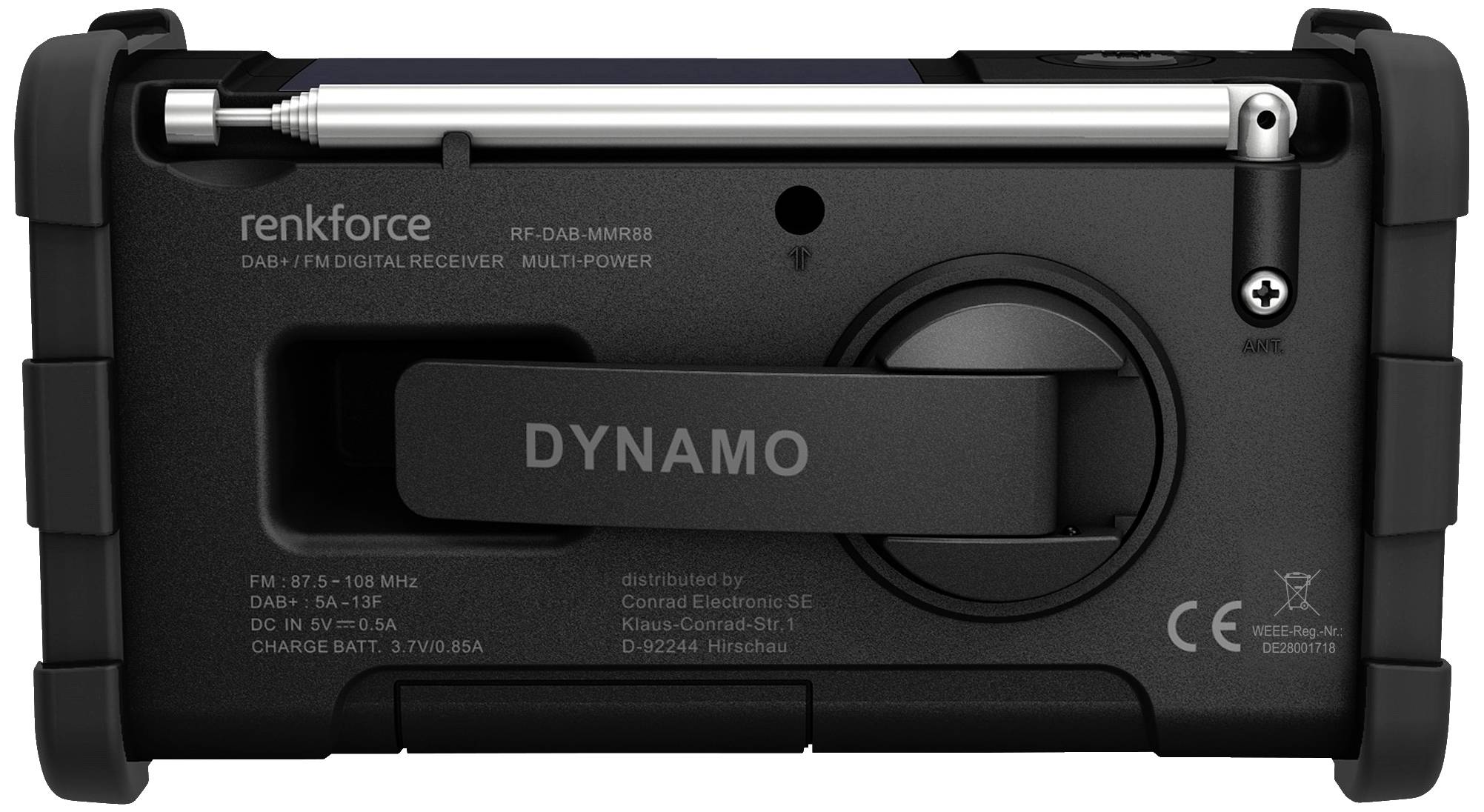 Renkforce RF-DAB-MMR88 Outdoorradio DAB+, UKW Notfallradio, USB Handkurbel, Solarpanel, wiederaufladbar, Taschenlampe Schwarz