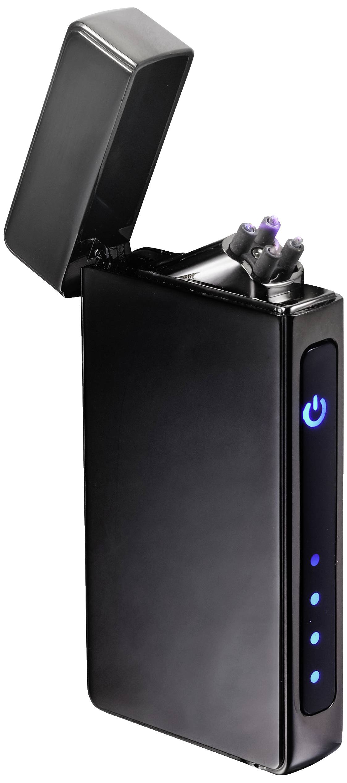 Elektronisches Feuerzeug mit offenem Deckel. Blaue LED-Anzeige an der Seite, die den Batteriestatus zeigt.