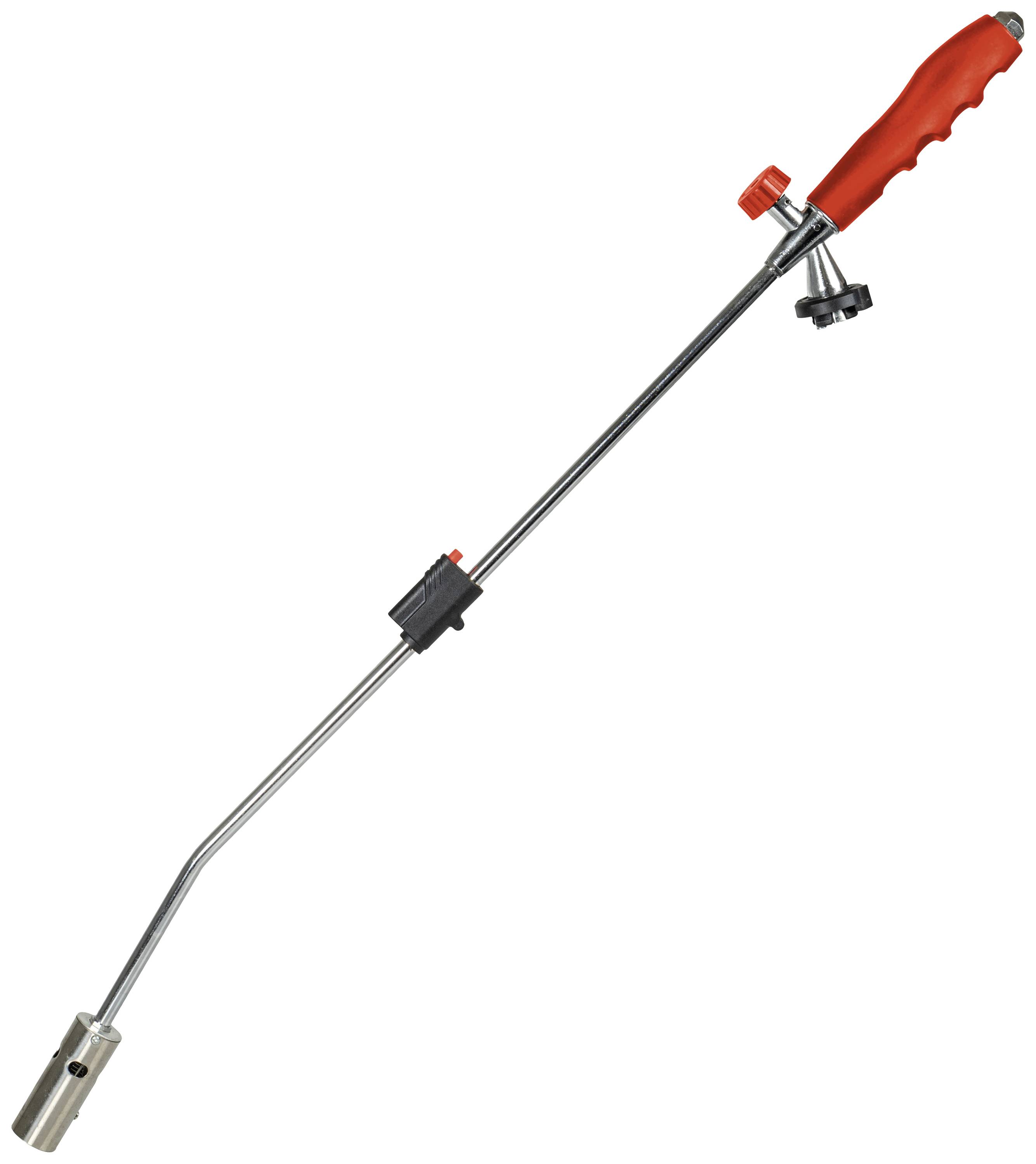 Ein Unkrautbrenner mit langem Metallrohr und rotem Kunststoffgriff. Oben befindet sich ein Drehknopf zur Regulierung des Gasflusses.