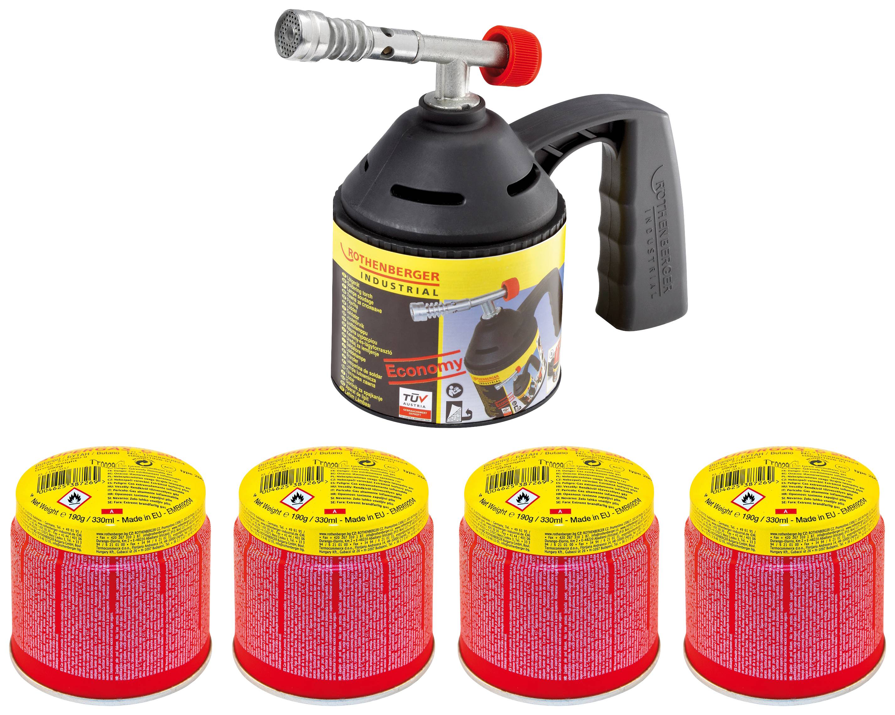 Ein Lötbrenner mit vier Gaskartuschen. Der Brenner hat einen schwarzen Griff und eine Metalldüse. Die Kartuschen sind gelb und rot.