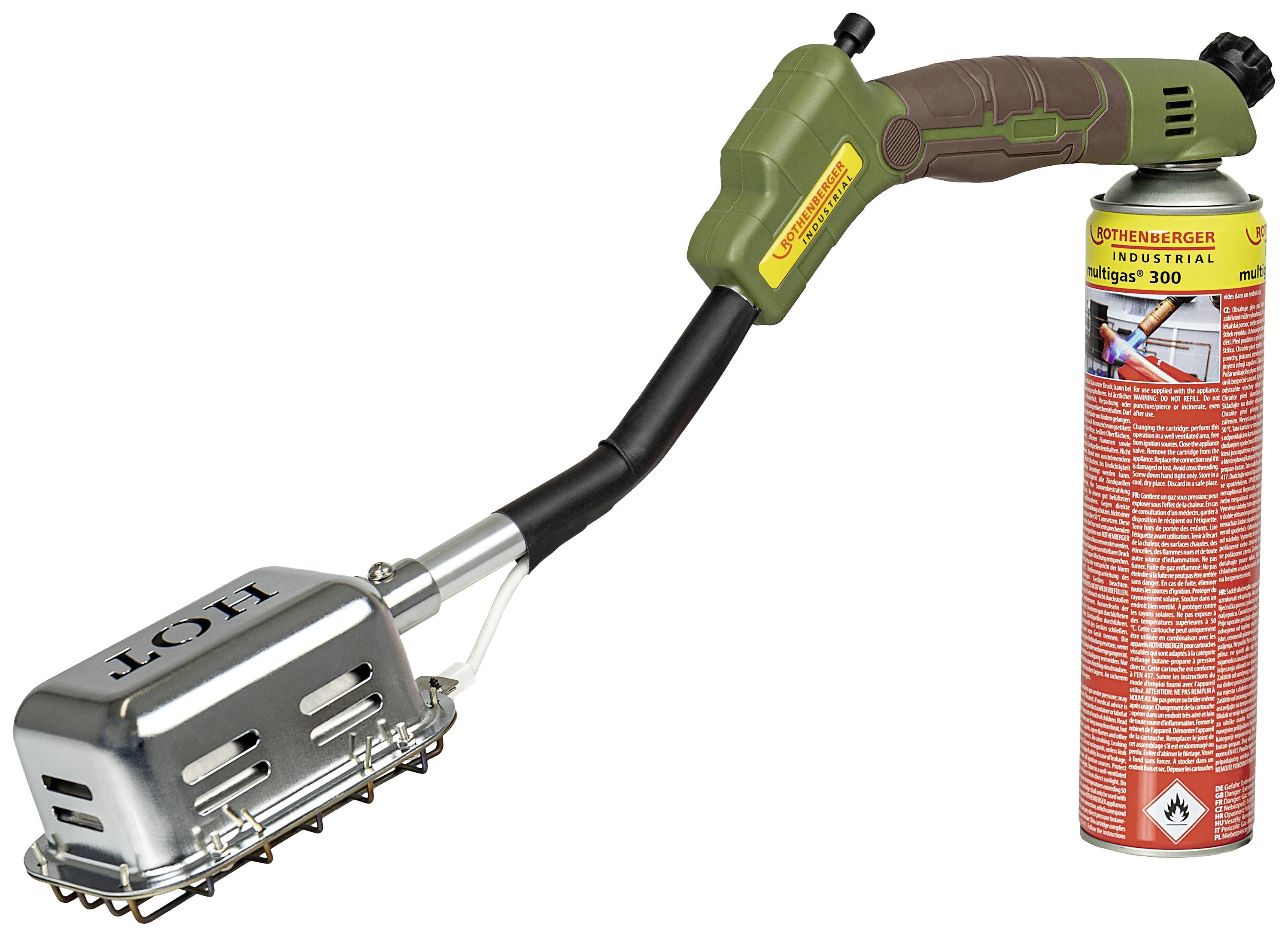 Grüner Unkrautbrenner mit schwarzer Düse und roter Gasflasche, Etikett mit 'Hot'. Verwendet zur Unkrautbekämpfung durch Hitze.